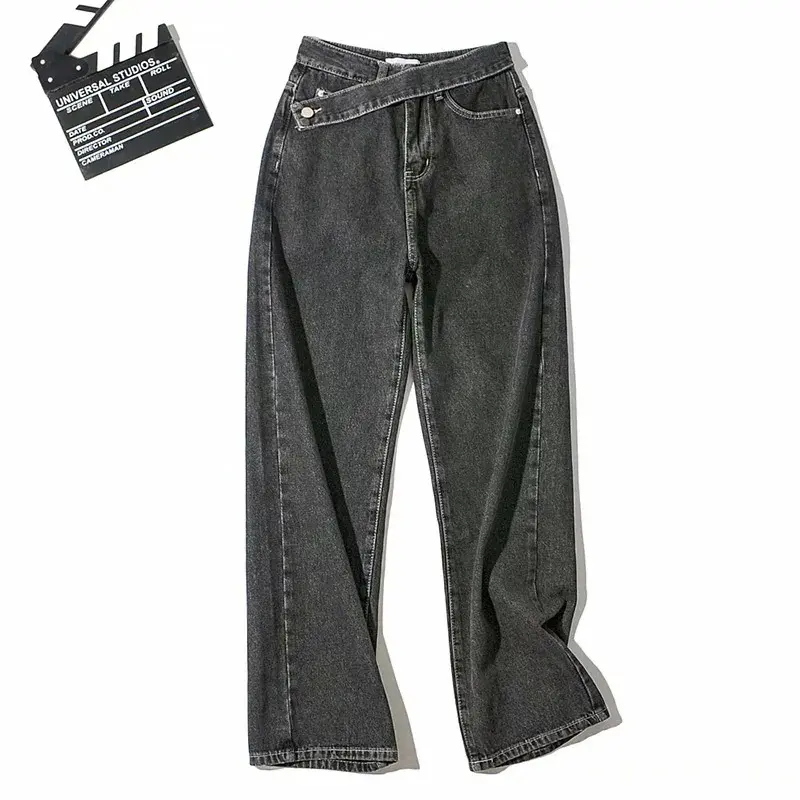 Spliced Wide Leg Denim Pants Women Ankle Length Jean Solid Loose Pockets High Waist Washed Vintage Jeans Zipper Fly Basics 2024