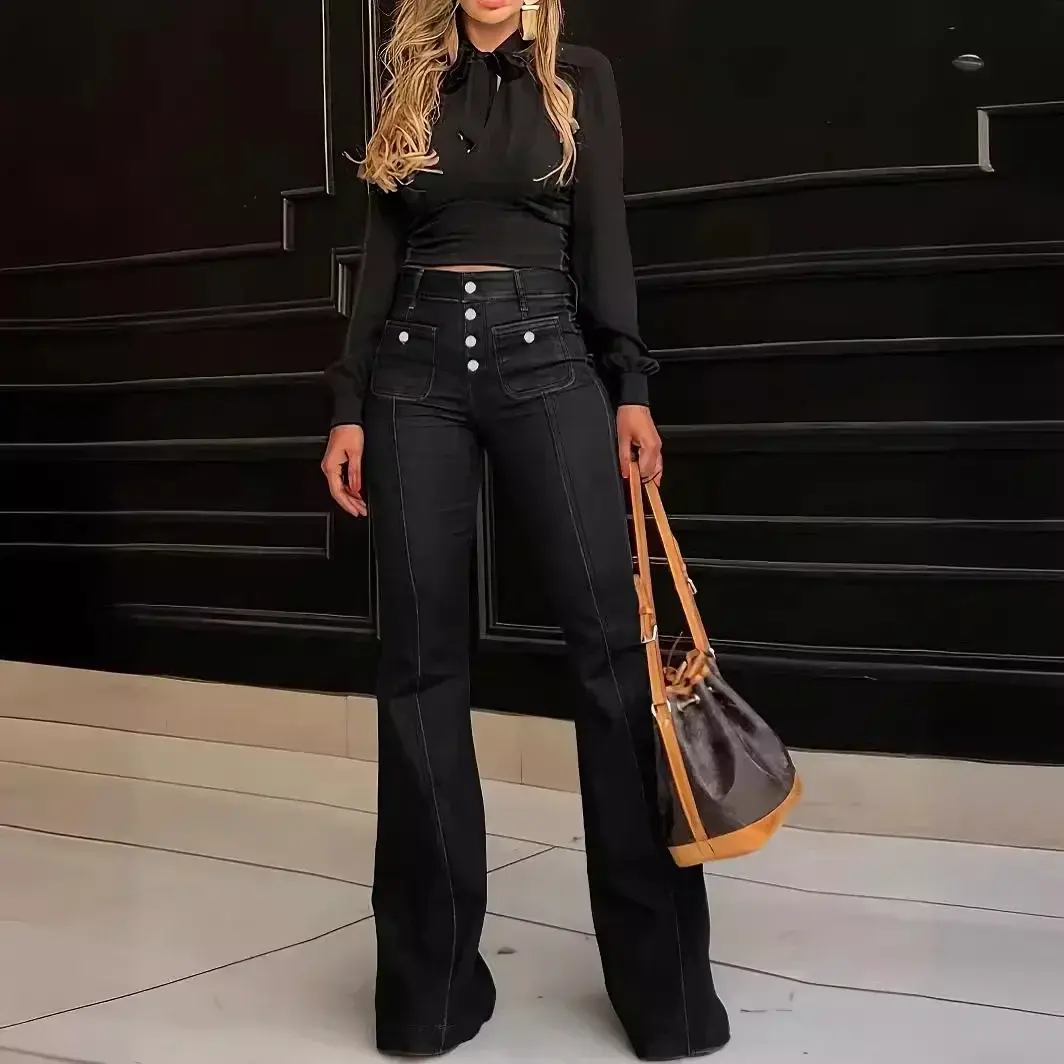 Women Jeans Flare Pants High Waist Streetwear Pockets Buttons Trousers 2025 Autumn Female Casual Stretch Denim Floor Length