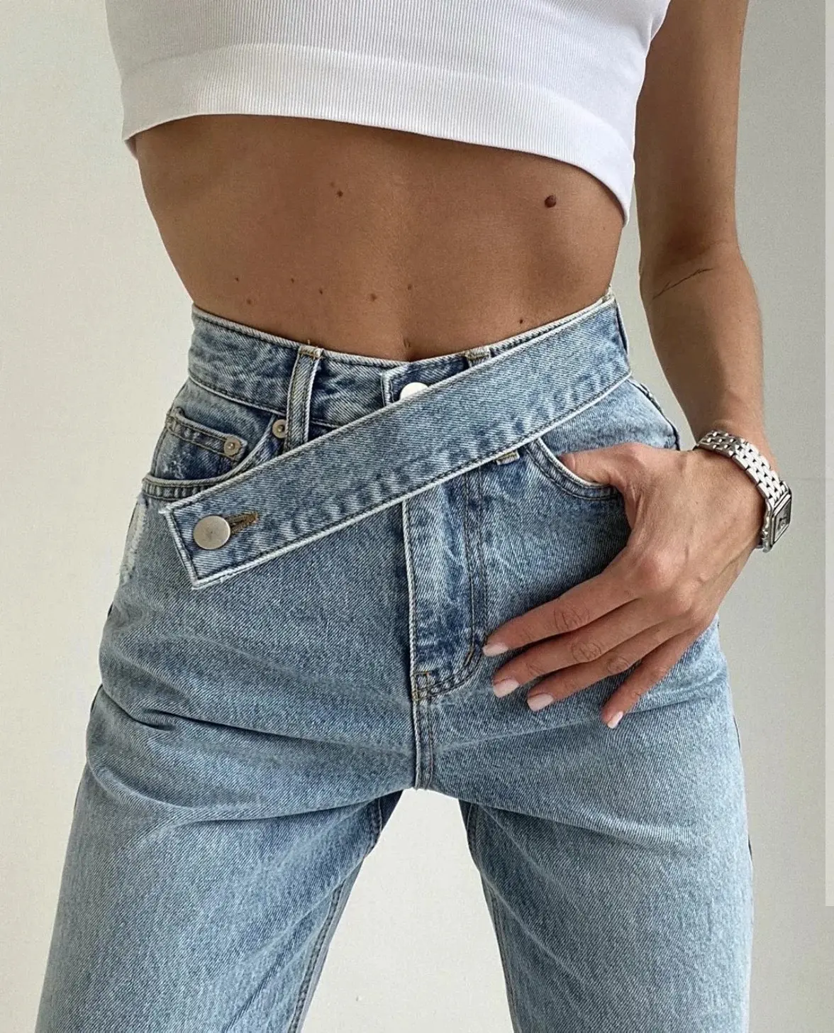 Spliced Wide Leg Denim Pants Women Ankle Length Jean Solid Loose Pockets High Waist Washed Vintage Jeans Zipper Fly Basics 2024