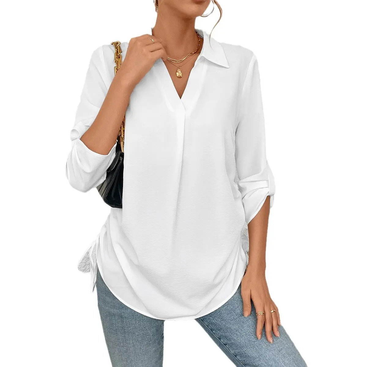 Women Blouses Shirt Turn Down Collar Pullover Spliced Solid Puff Sleeve Three Quarter Casual 2024 Drawstring Loose Summer