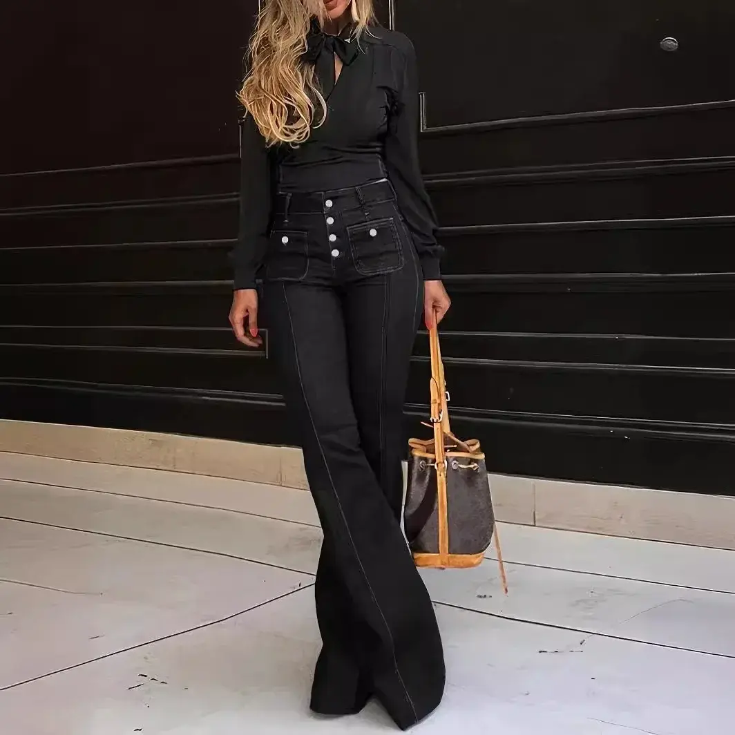 Women Jeans Flare Pants High Waist Streetwear Pockets Buttons Trousers 2025 Autumn Female Casual Stretch Denim Floor Length