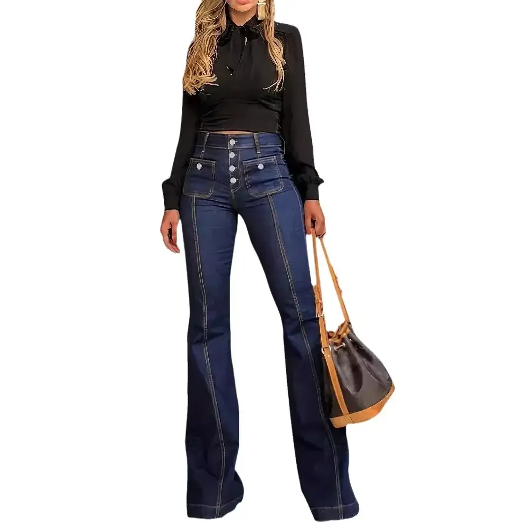 Women Jeans Flare Pants High Waist Streetwear Pockets Buttons Trousers 2025 Autumn Female Casual Stretch Denim Floor Length