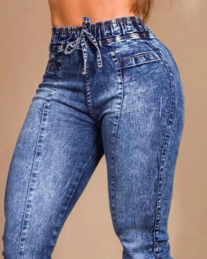 Women Jeans Elastic Waist Solid Color Pencil Pants Pockets Streetwear Casual Slim Fit High Street Flat Zipper 2023 Autumn