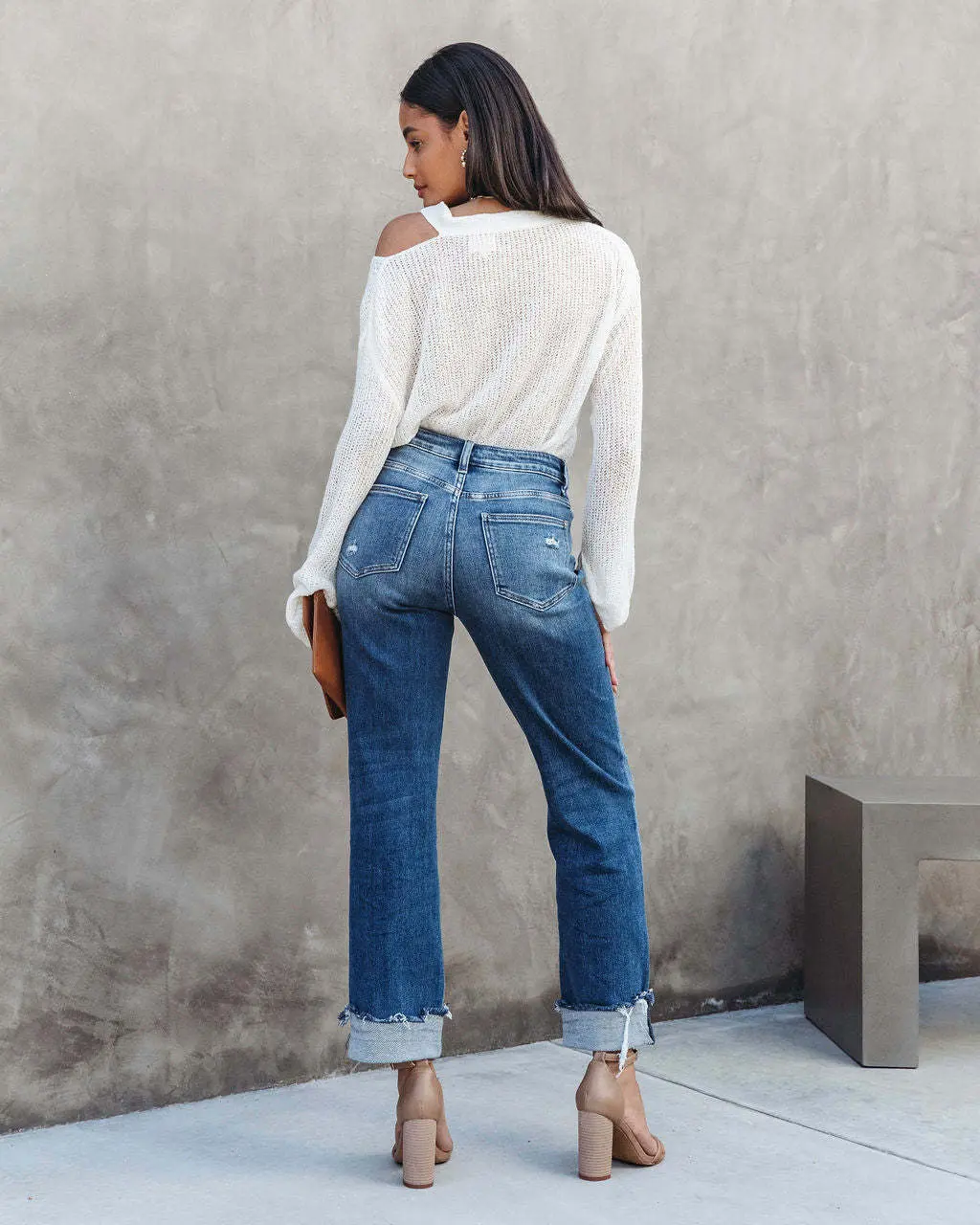 Women Jeans Straight Pants Denim Pockets High Waist Loose Fit Solid Ankle Length Streetwear Distressed Washing Zipper Flat