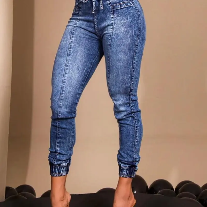Women Jeans Elastic Waist Solid Color Pencil Pants Pockets Streetwear Casual Slim Fit High Street Flat Zipper 2023 Autumn