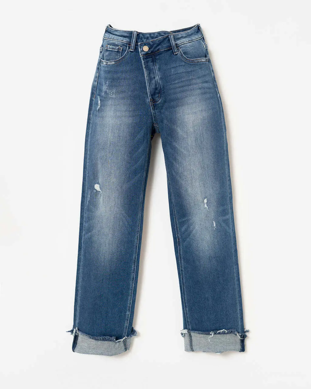 Women Jeans Straight Pants Denim Pockets High Waist Loose Fit Solid Ankle Length Streetwear Distressed Washing Zipper Flat