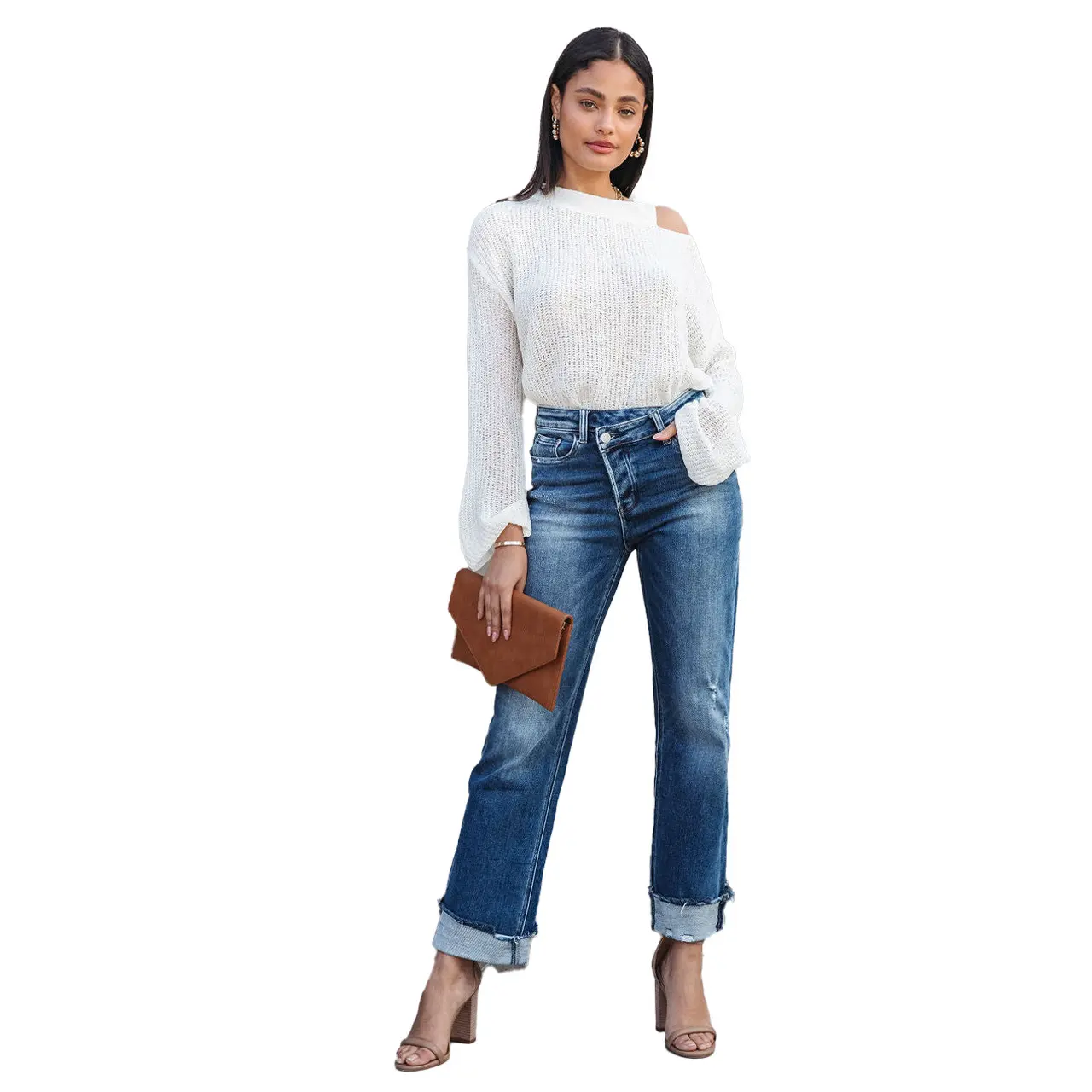 Women Jeans Straight Pants Denim Pockets High Waist Loose Fit Solid Ankle Length Streetwear Distressed Washing Zipper Flat