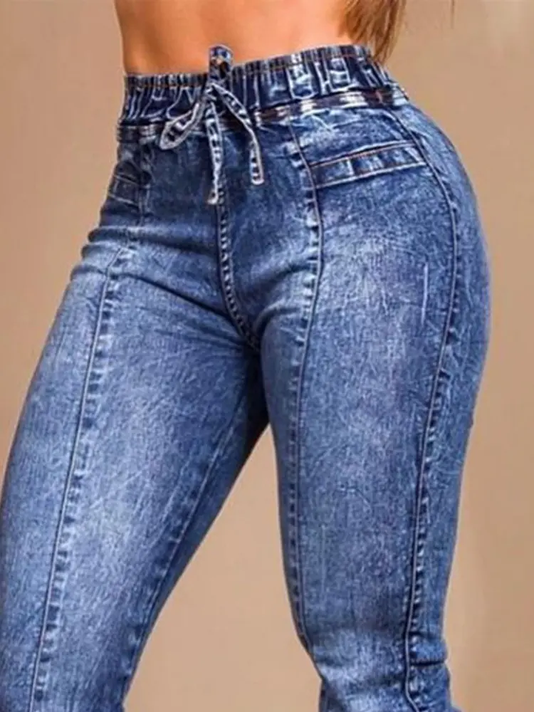 Women Jeans Elastic Waist Solid Color Pencil Pants Pockets Streetwear Casual Slim Fit High Street Flat Zipper 2023 Autumn