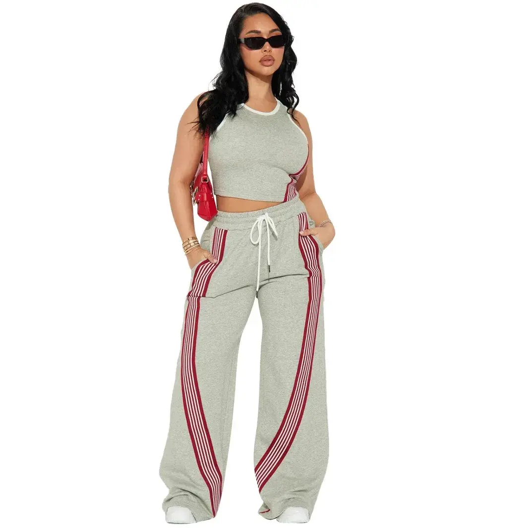 Two Piece Sets Women Sports Suit Vest Top Wide Leg Pants Striped Elastic Waist Matching Sets Trousers Sportswear 2025 Tracksuit