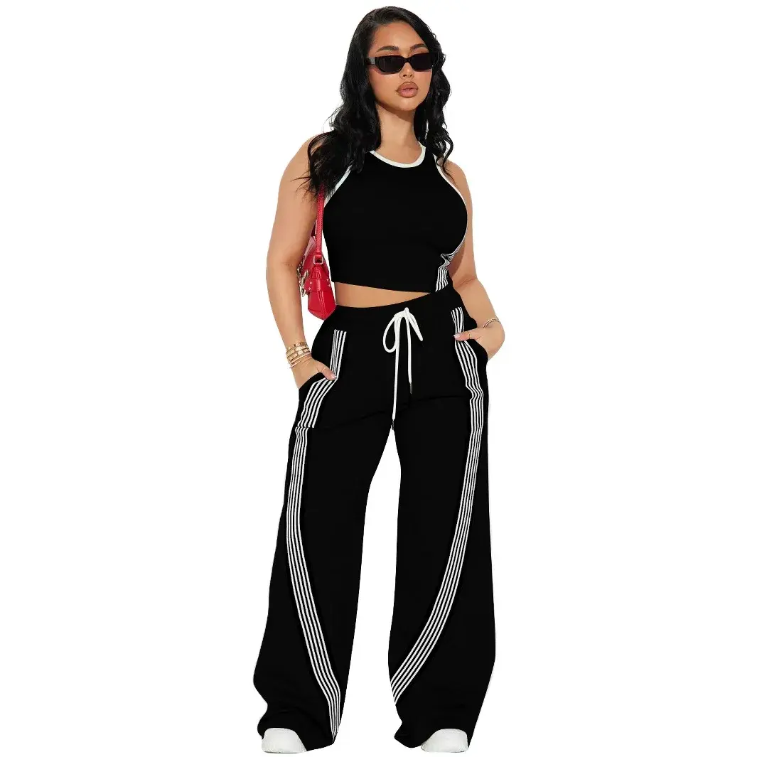Two Piece Sets Women Sports Suit Vest Top Wide Leg Pants Striped Elastic Waist Matching Sets Trousers Sportswear 2025 Tracksuit