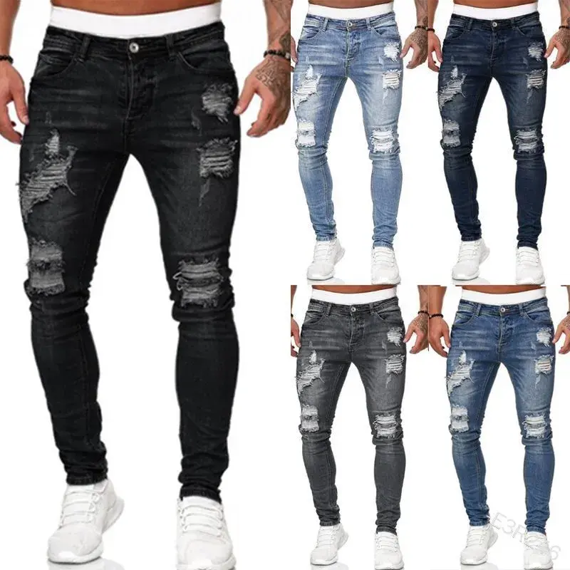 Ripped Mid Waist Slim Fit Men Jeans Vintage Denim Punk Wash Solid Punk Style Skinny Pencil Pants Distressed Holes Ankle Length