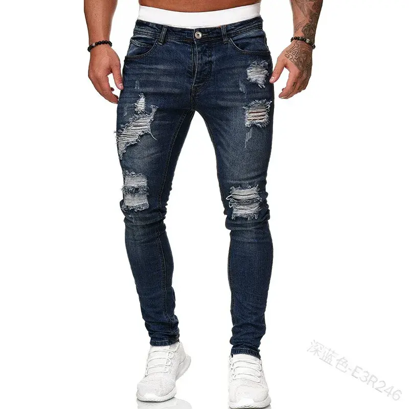 Ripped Mid Waist Slim Fit Men Jeans Vintage Denim Punk Wash Solid Punk Style Skinny Pencil Pants Distressed Holes Ankle Length