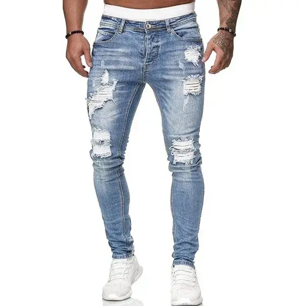 Ripped Mid Waist Slim Fit Men Jeans Vintage Denim Punk Wash Solid Punk Style Skinny Pencil Pants Distressed Holes Ankle Length