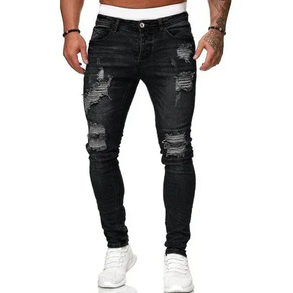 Ripped Mid Waist Slim Fit Men Jeans Vintage Denim Punk Wash Solid Punk Style Skinny Pencil Pants Distressed Holes Ankle Length
