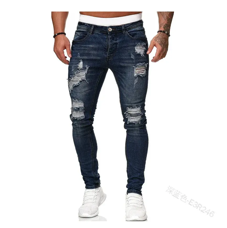 Ripped Mid Waist Slim Fit Men Jeans Vintage Denim Punk Wash Solid Punk Style Skinny Pencil Pants Distressed Holes Ankle Length