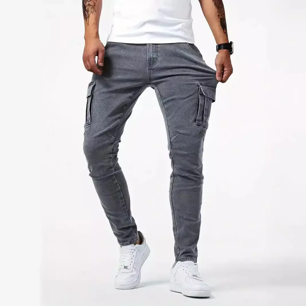 Pencil Pants Men Jeans Vintage Denims Distressed Strecth Mid Waist Washed Multiple Pockets Skinny Straight Trousers Streetwear