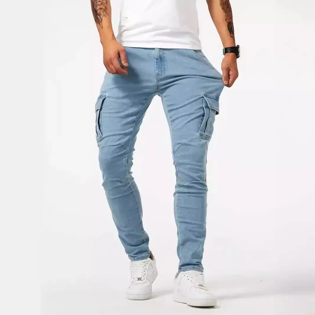 Pencil Pants Men Jeans Vintage Denims Distressed Strecth Mid Waist Washed Multiple Pockets Skinny Straight Trousers Streetwear