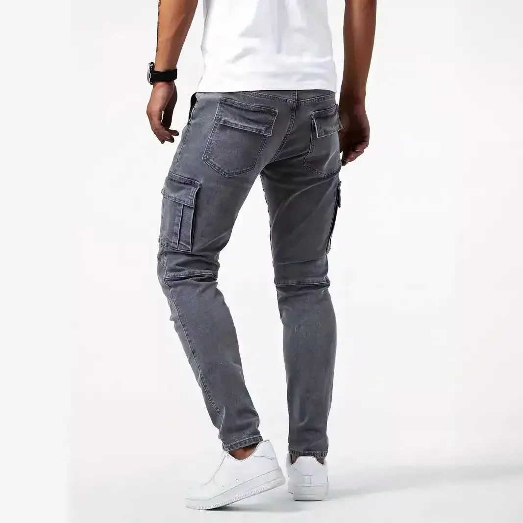 Pencil Pants Men Jeans Vintage Denims Distressed Strecth Mid Waist Washed Multiple Pockets Skinny Straight Trousers Streetwear