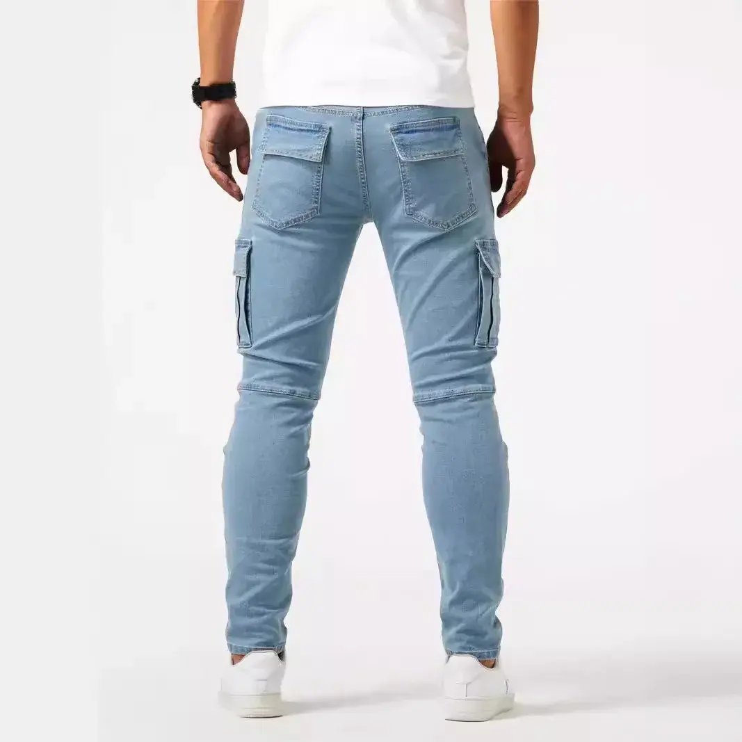 Pencil Pants Men Jeans Vintage Denims Distressed Strecth Mid Waist Washed Multiple Pockets Skinny Straight Trousers Streetwear