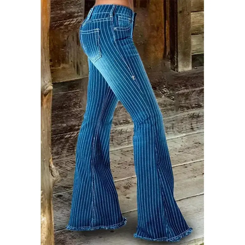 Stripe Jeans Women Mid Waist Flare Pants Ladies Trousers Female Casual Slim 2025 Summer Button High Strecth Elegant Office Lady