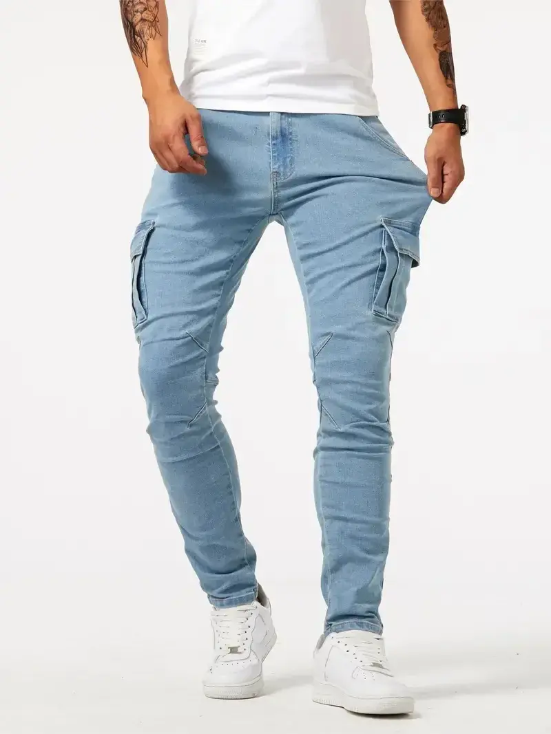 Pencil Pants Men Jeans Vintage Denims Distressed Strecth Mid Waist Washed Multiple Pockets Skinny Straight Trousers Streetwear