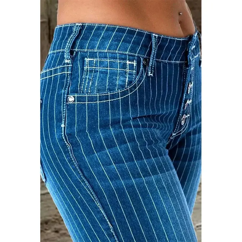 Stripe Jeans Women Mid Waist Flare Pants Ladies Trousers Female Casual Slim 2025 Summer Button High Strecth Elegant Office Lady