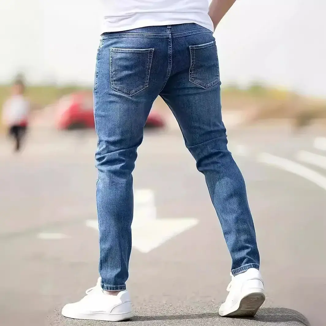 Men Jeans Denim Holes Skinny Vintage Wash Solid Pencil Pants 2025 Distressed Ankle Length Sheath Punk Style Pockets Punk