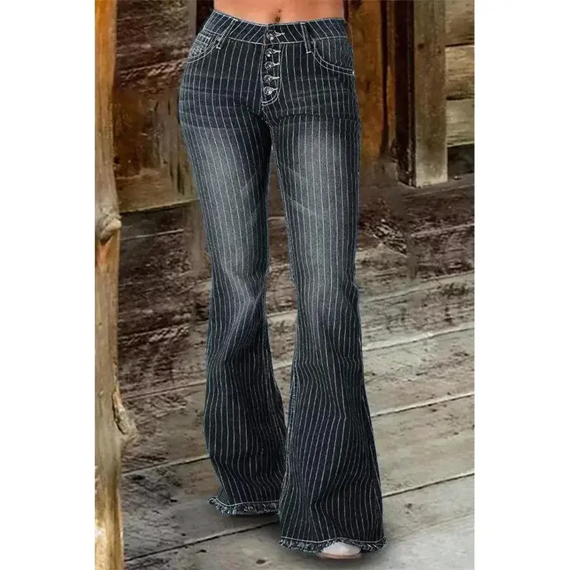 Stripe Jeans Women Mid Waist Flare Pants Ladies Trousers Female Casual Slim 2025 Summer Button High Strecth Elegant Office Lady
