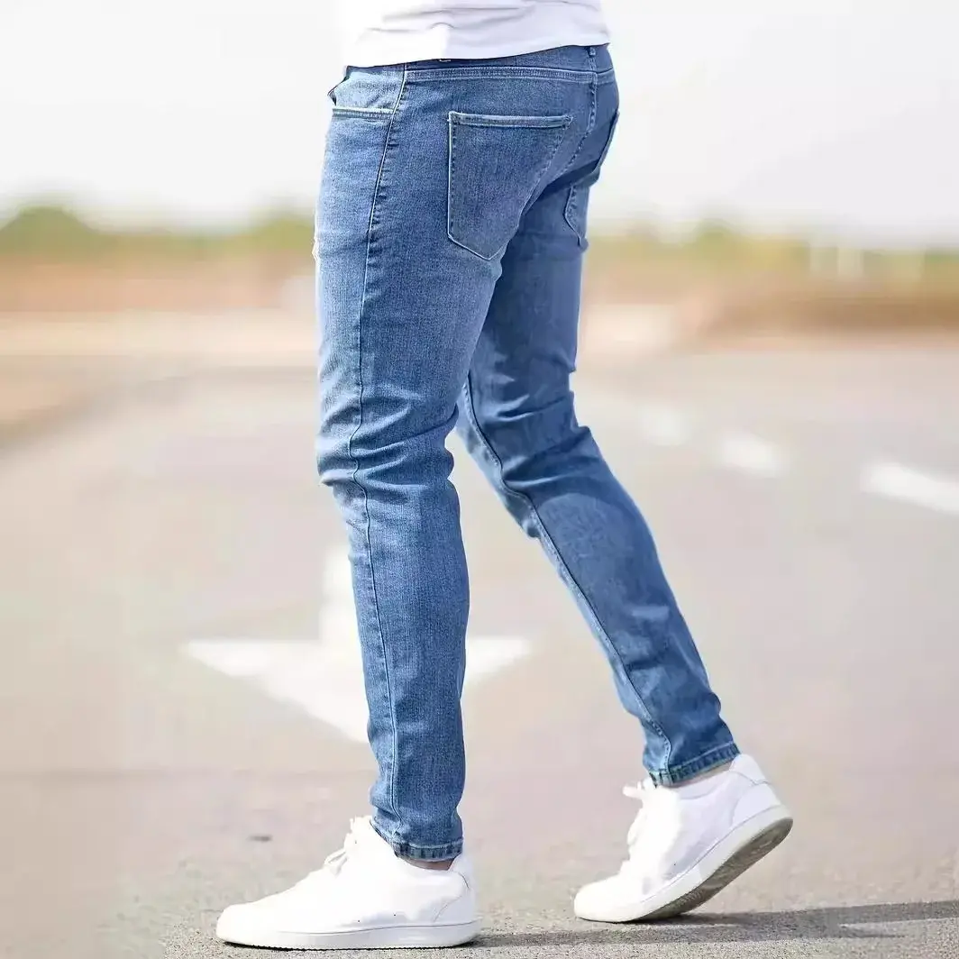 Men Jeans Denim Holes Skinny Vintage Wash Solid Pencil Pants 2025 Distressed Ankle Length Sheath Punk Style Pockets Punk