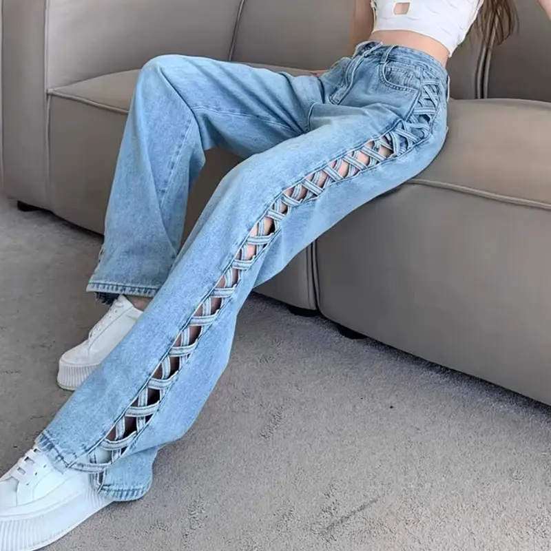 Women Casual Mom Jeans Hollow Out High Waist Trousers Button Zipper Wide Leg Pant Office Lady Loose Spring Club Y2k Streetwear
