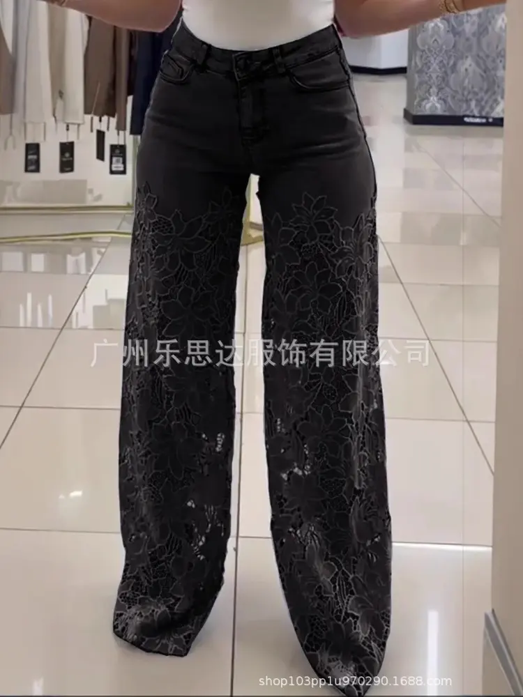 Denim Pant Women Mom Jeans Hollow Out Long Pants Floral Slim High Waist Straight Trousers Y2k Streetwear Elegant Temperament