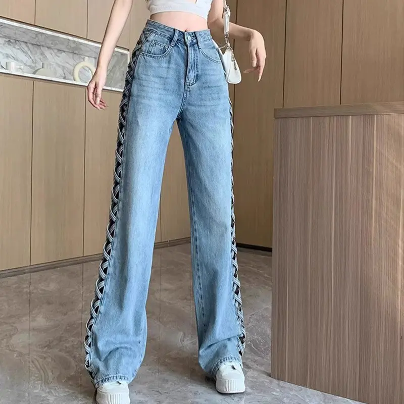 Women Casual Mom Jeans Hollow Out High Waist Trousers Button Zipper Wide Leg Pant Office Lady Loose Spring Club Y2k Streetwear