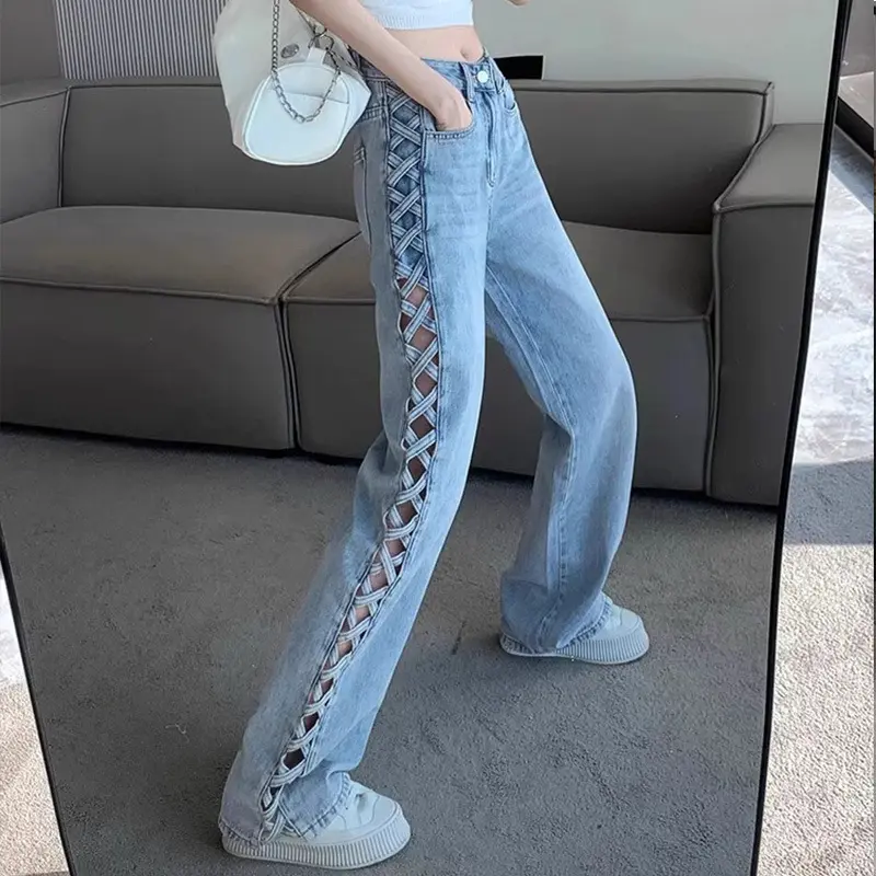Women Casual Mom Jeans Hollow Out High Waist Trousers Button Zipper Wide Leg Pant Office Lady Loose Spring Club Y2k Streetwear