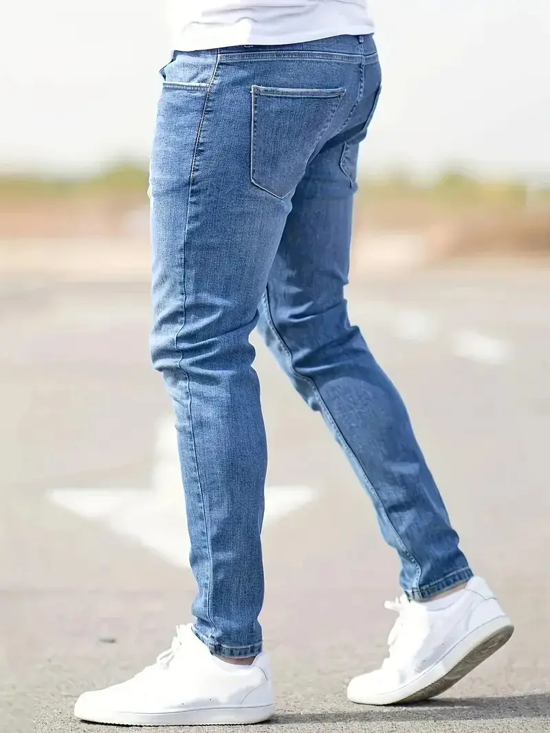 Men Jeans Denim Holes Skinny Vintage Wash Solid Pencil Pants 2025 Distressed Ankle Length Sheath Punk Style Pockets Punk