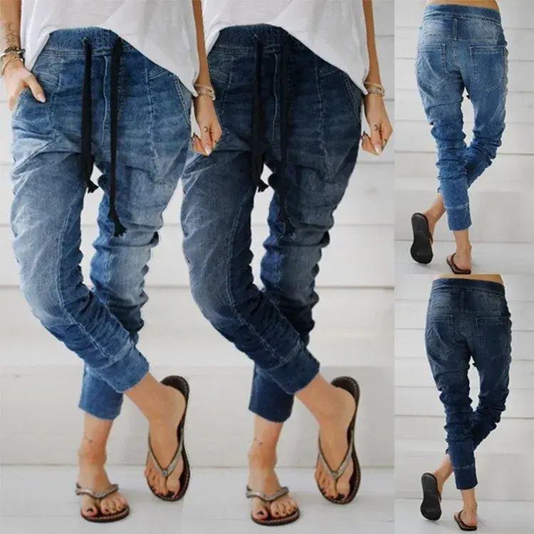 Pencil Denim Pants Women Jeans Ankle Length Pants Y2k Streetwear Spliced Pockets Mid Waist Washed Jean Skinny Casual Mom