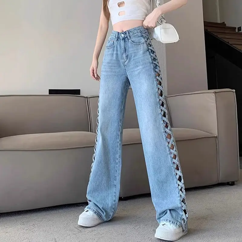 Women Casual Mom Jeans Hollow Out High Waist Trousers Button Zipper Wide Leg Pant Office Lady Loose Spring Club Y2k Streetwear