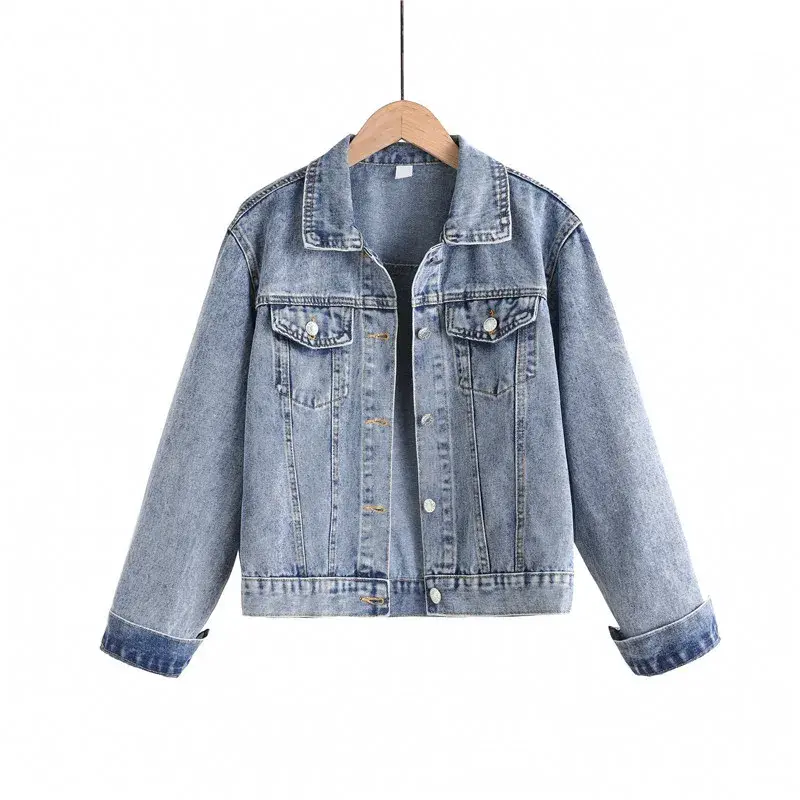 Denim Jacket Women Streetwear Short Coat Washed Turn Down Collar Single Breasted Pockets Female Spring 2025 Casual Outerwear