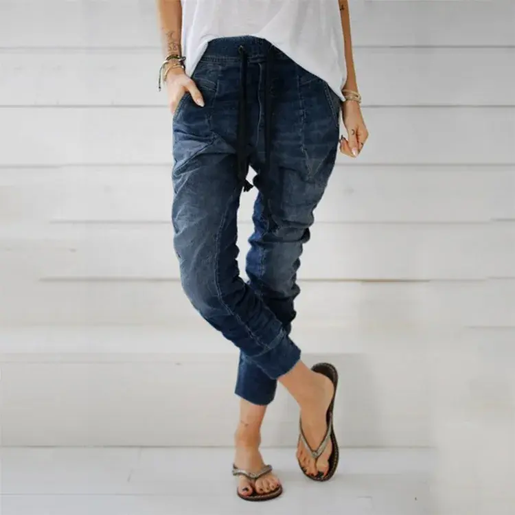 Pencil Denim Pants Women Jeans Ankle Length Pants Y2k Streetwear Spliced Pockets Mid Waist Washed Jean Skinny Casual Mom