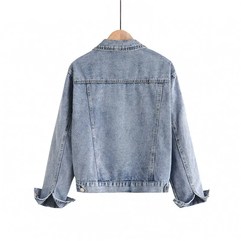 Denim Jacket Women Streetwear Short Coat Washed Turn Down Collar Single Breasted Pockets Female Spring 2025 Casual Outerwear