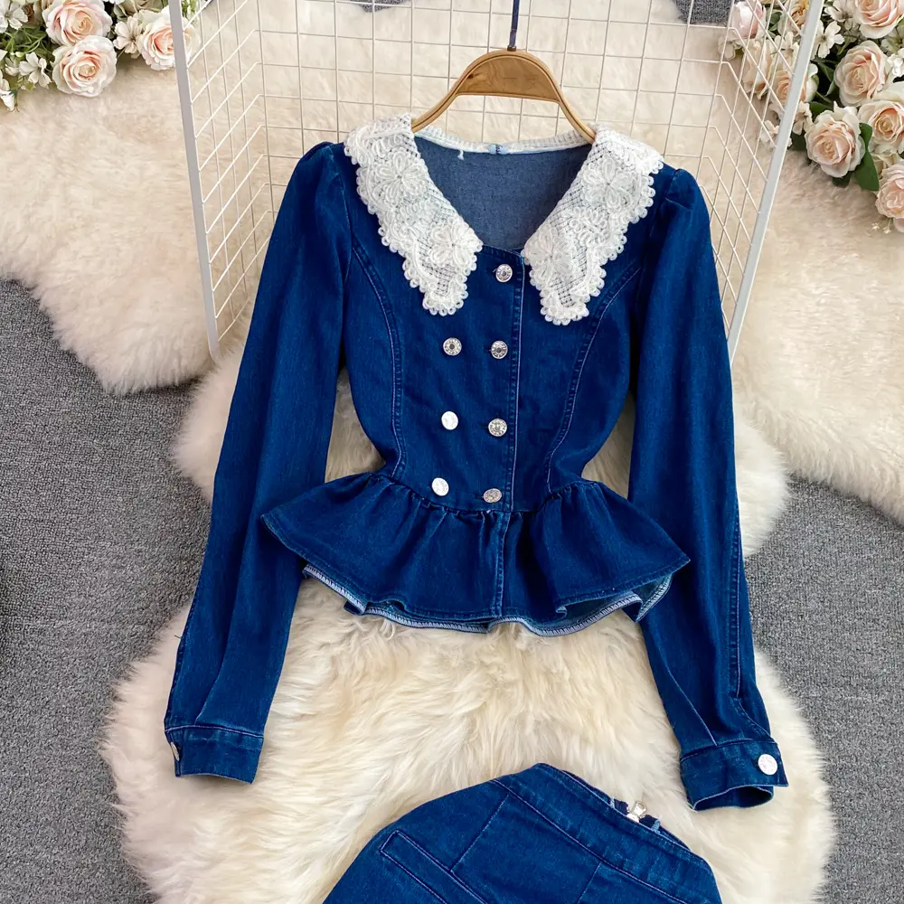 Denim Two Piece Sets Women Jacket Skirt Suit Long Skirts Coat Peter Pan Collar Dress Sets Outfits Washed Sweet Ensemble 2025