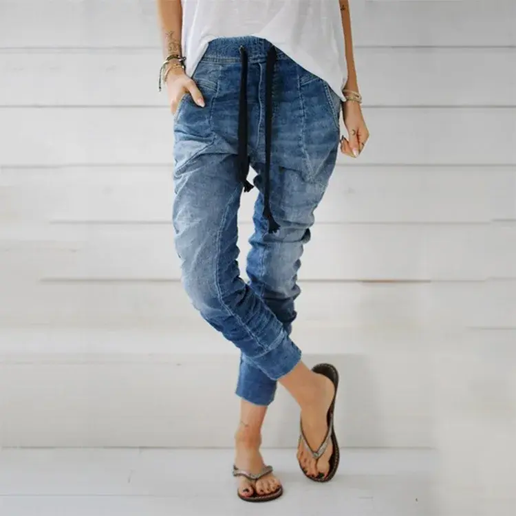 Pencil Denim Pants Women Jeans Ankle Length Pants Y2k Streetwear Spliced Pockets Mid Waist Washed Jean Skinny Casual Mom