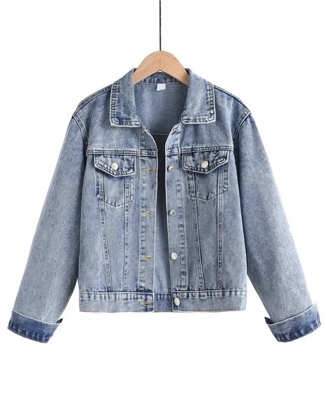 Denim Jacket Women Streetwear Short Coat Washed Turn Down Collar Single Breasted Pockets Female Spring 2025 Casual Outerwear