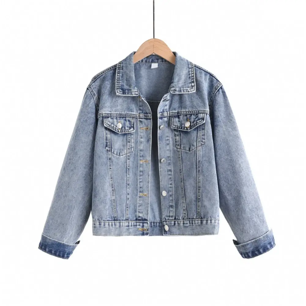 Denim Jacket Women Streetwear Short Coat Washed Turn Down Collar Single Breasted Pockets Female Spring 2025 Casual Outerwear
