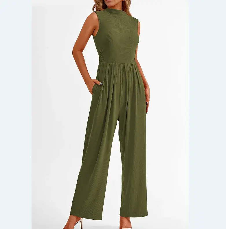 Women Jumpsuits One Piece O Neck Sleeveless Rompers Overalls Solid Wide Leg Pants Pockets High Waist Ankle Length Basics 2025