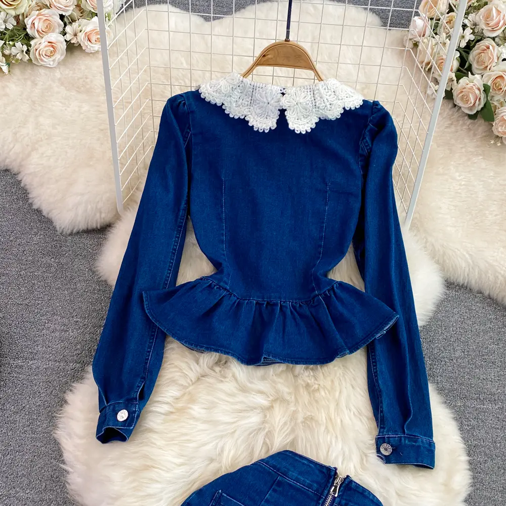 Denim Two Piece Sets Women Jacket Skirt Suit Long Skirts Coat Peter Pan Collar Dress Sets Outfits Washed Sweet Ensemble 2025