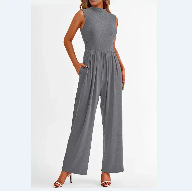 Women Jumpsuits One Piece O Neck Sleeveless Rompers Overalls Solid Wide Leg Pants Pockets High Waist Ankle Length Basics 2025