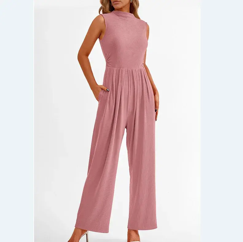 Women Jumpsuits One Piece O Neck Sleeveless Rompers Overalls Solid Wide Leg Pants Pockets High Waist Ankle Length Basics 2025