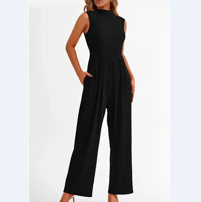 Women Jumpsuits One Piece O Neck Sleeveless Rompers Overalls Solid Wide Leg Pants Pockets High Waist Ankle Length Basics 2025
