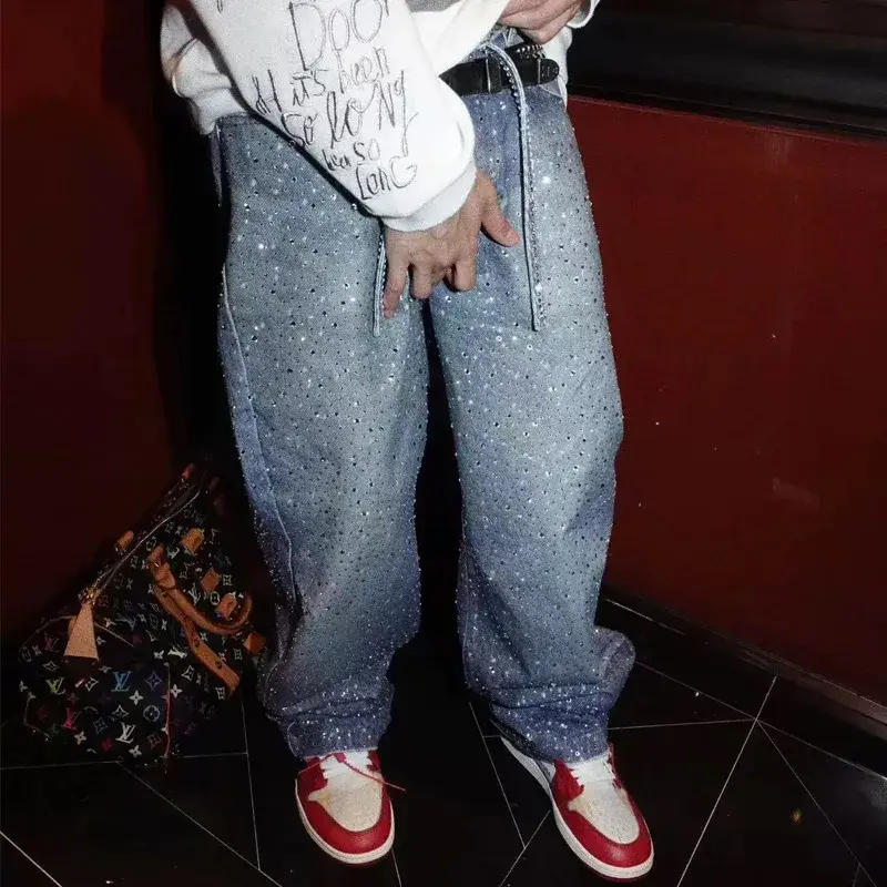 Men Wide Leg Pants Jeans Vintage Loose Women Trousers Straight Denim Mid Waist Lace Up Diamonds Punk Gothic 2025 Streetwear