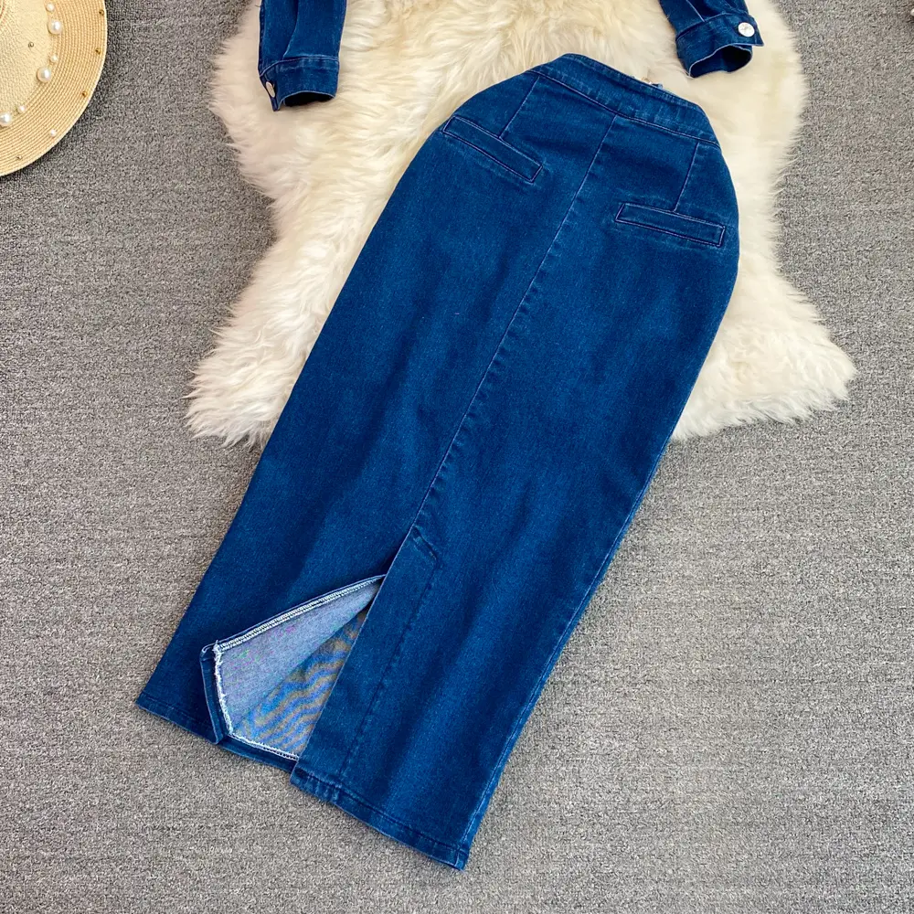 Denim Two Piece Sets Women Jacket Skirt Suit Long Skirts Coat Peter Pan Collar Dress Sets Outfits Washed Sweet Ensemble 2025